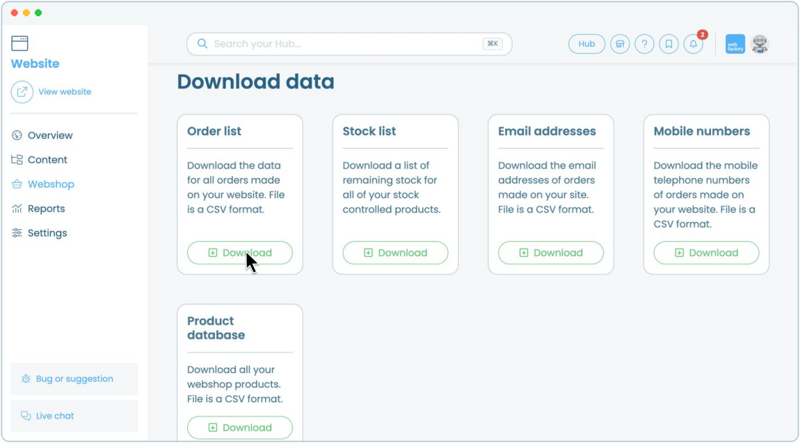 How to download data from your Webshop | Webfactory Support | Webfactory
