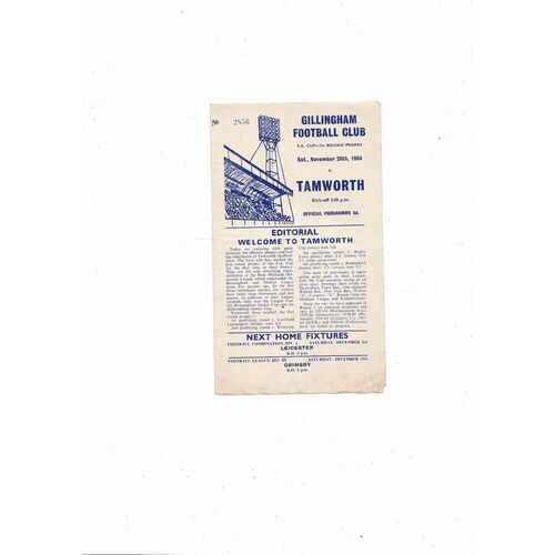 Gillingham v Tamworth FA Cup Football Programme 1966/67