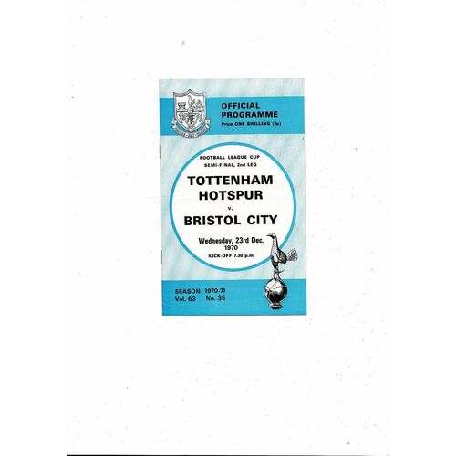 1970/71 Tottenham Hotspur v Bristol City League Cup Semi Final Football Programme