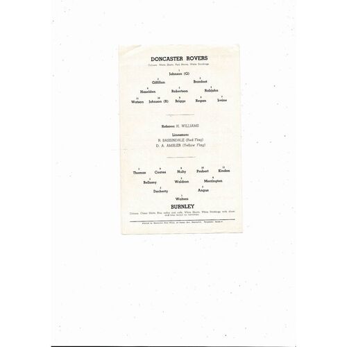 Doncaster Rovers v Burnley Friendly Football Programme 1970/71