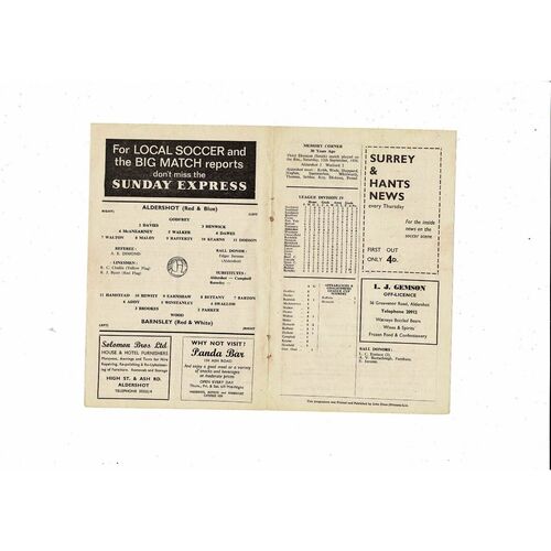 1966/67 Aldershot v Barnsley Football Programme