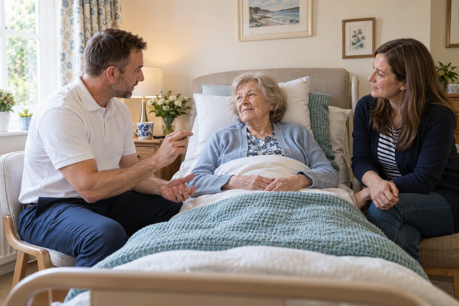 Older woman supported upright in bed discussing home physiotherapy with a physiotherapist in a white polo and a family member