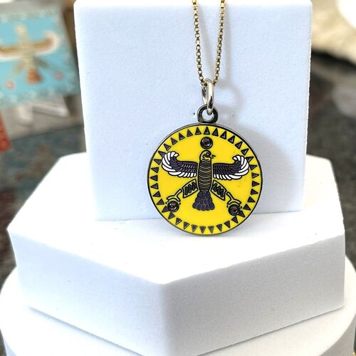Round Pendant. The Persian Falcon. Deep Yellow with 3 White Stones.