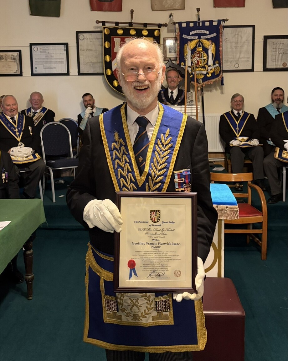 Celebrating 50 Years of Fidelity and Service to Freemasonry: W. Bro Geoffrey F W Isaac, PAGDC | Provincial Grand Lodge of Cornwall | How to become a Freemason in Cornwall | Freemasonry lodges near me Cornwall  | What is Freemasonry in Cornwall UK