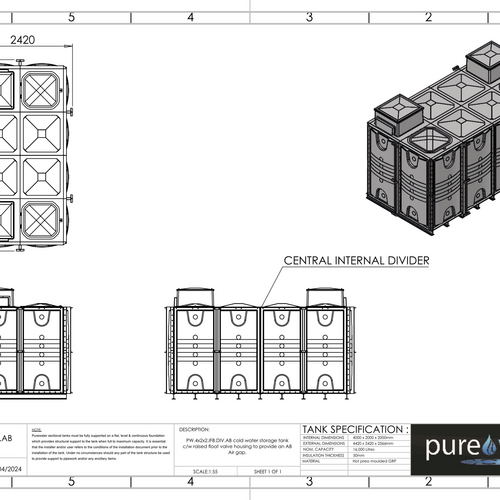 PW.4X2X2.IFB.DIV.AB(2+2) - 16000 LITRE DIVIDED SECTIONAL WATER TANK, INTERNALLY FLANGED BASE (IFB) C/W FVH