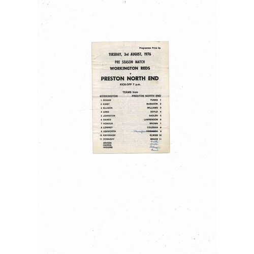 Workington v Preston Friendly Football Programme 1976/77