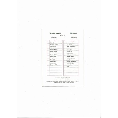 Dynamo Dresden v AEK Athens European Cup Football Programme 1989/90