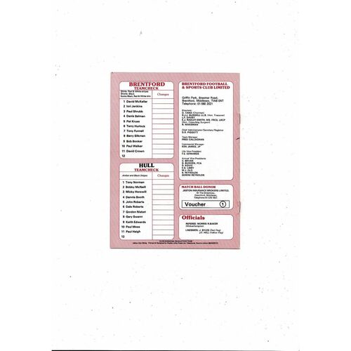 1980/81 Brentford v Hull City Football Programme