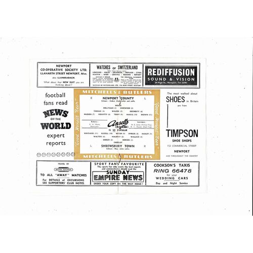 1956/57 Newport County v Shrewsbury Town Football Programme