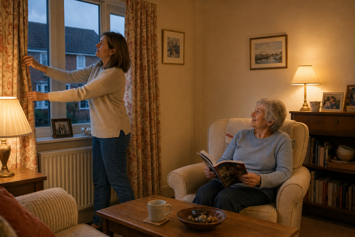 Adult daughter closes the curtains before dusk while her older mum relaxes with a magazine in a warmly lit living room.