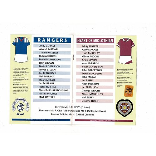 1993 Rangers v Hearts Scottish Cup Semi Final Football Programme