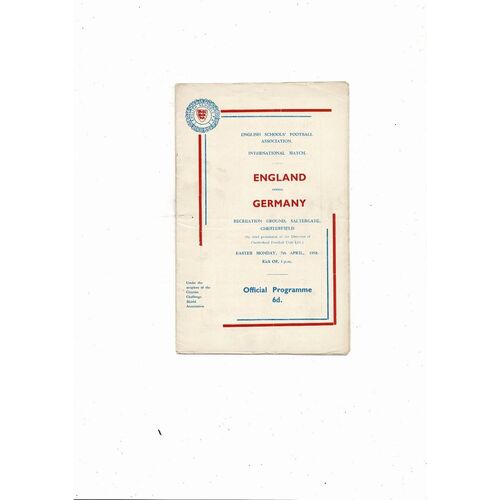 1958 England v Germany Schools International Football Programme @ Chesterfield