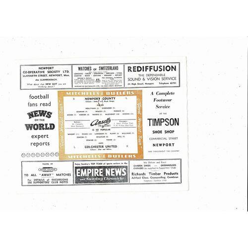 1957/58 Newport County v Colchester United Football Programme