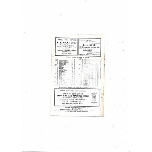 1956/57 Newport County v Brentford Football Programme