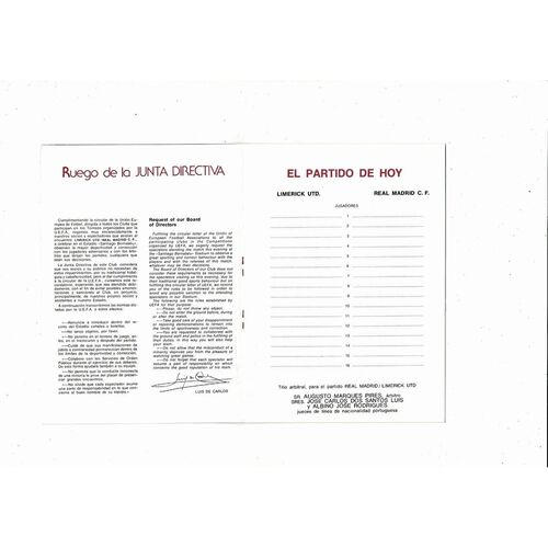 Real Madrid v Limerick United Euroean Cup Football Programme 1980/81