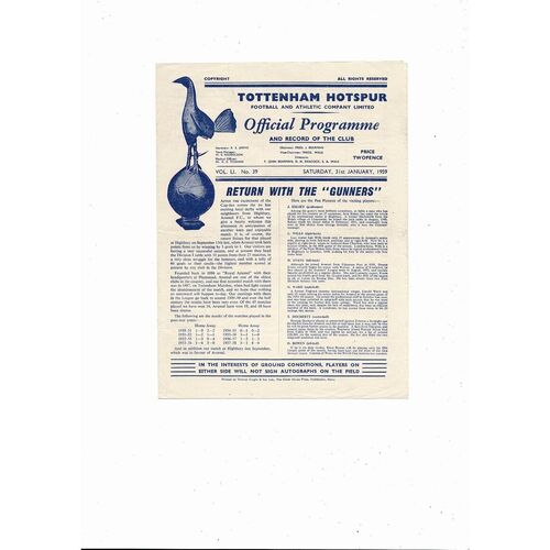 1958/59 Tottenham Hotspur v Arsenal Football Programme