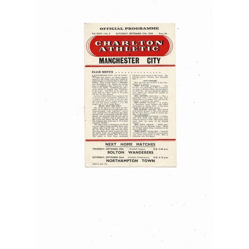 1956/57 Charlton Athletic v Manchester City Football Programme