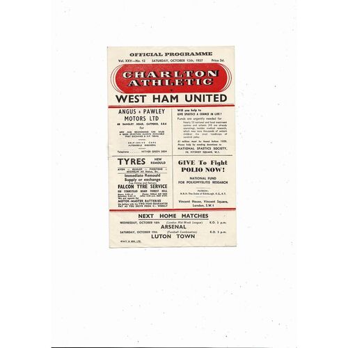 1957/58 Charlton Athletic v West Ham United Football Programme