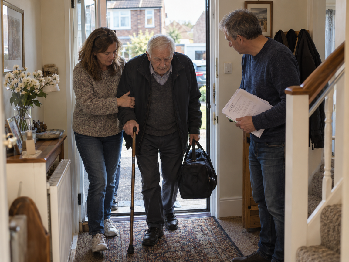 Older man returning home after a stroke, supported by his daughter while a family member holds discharge paperwork.