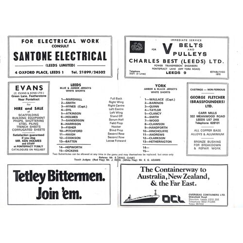 1974/75 Leeds v York (15/01/1975) Rugby League Programme
