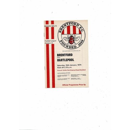 1973/74 Brentford v Hartlepool United Football Programme