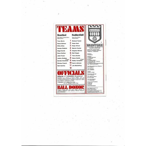 1976/77 Brentford v Huddersfield Town Football Programme