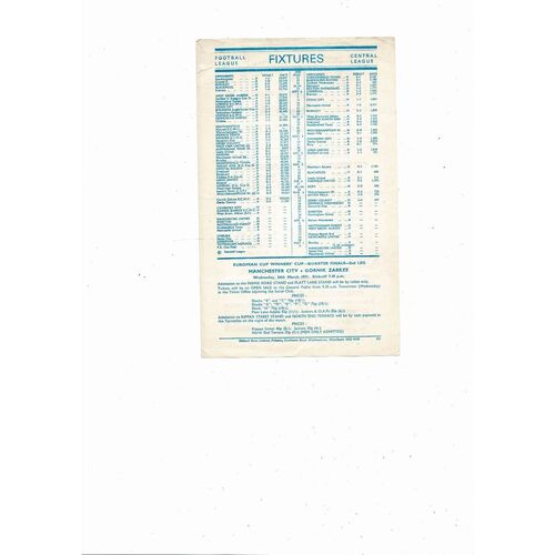 Manchester City v Sheffield Wednesday Central League Football Programme 1970/71