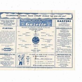 1958/59 Colchester United v Yeovil Town FA Cup Football Programme