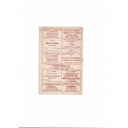 Kingstonian v Clydach United Friendly Football Programme 1961/62