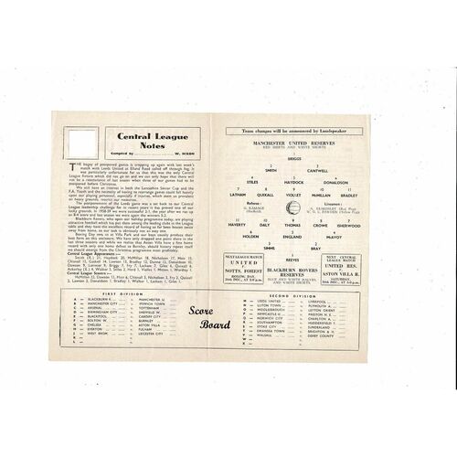 Manchester United v Blackburn Rovers Central League Football Programme 1961/62