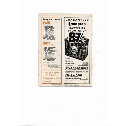 Wolves v Hearts Texaco Cup Final Football Programme 1970/71