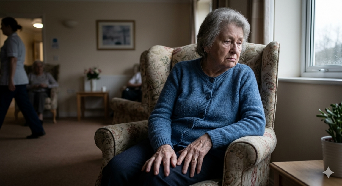 A realistic and somber photograph of an elderly woman sitting alone in a floral armchair within a communal residential care home lounge. She is looking out of a window with a sad and miserable expression. In the background, a staff member in a clinical uniform walks past, and another resident sits partially obscured, emphasizing a sense of social isolation and loneliness in a structured environment.
