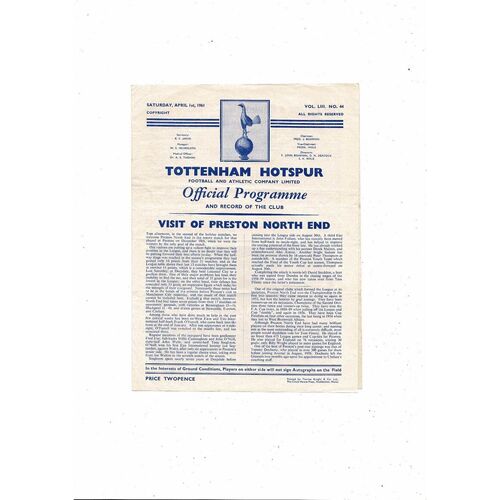 1960/61 Tottenham Hotspur v Preston Football Programme