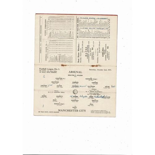 1937/38 Arsenal v Manchester City Football Programme