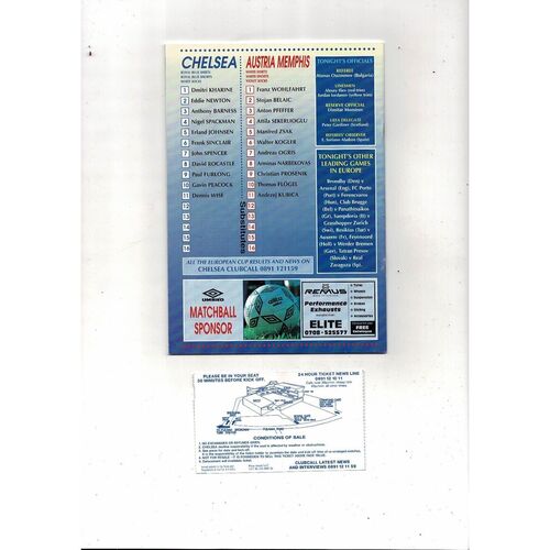 Chelsea v Austria Memphis European Cup Winners Cup Football Programme + Ticket 1994/95