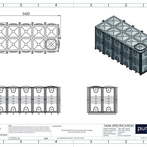 PW.5X2X2.IFB.AG - 20,000 LITRE SECTIONAL WATER TANK, INTERNALLY FLANGED BASE (IFB)