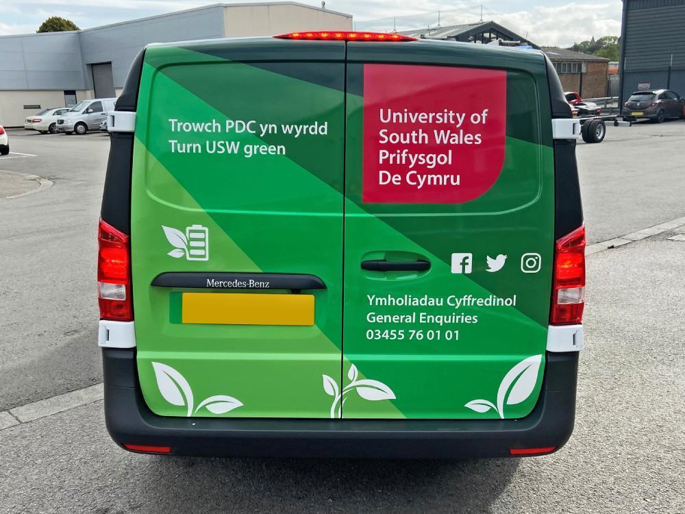 University of South Wales van wrap on rear of Mercedes eVito.