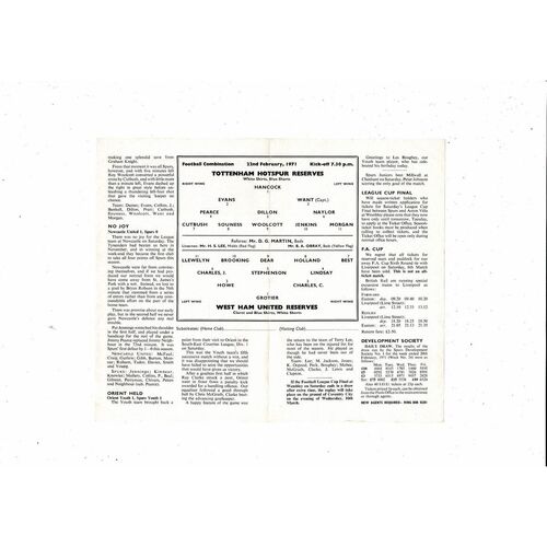 Tottenham Hotspur v West Ham United Football Combination Programme 1969/70