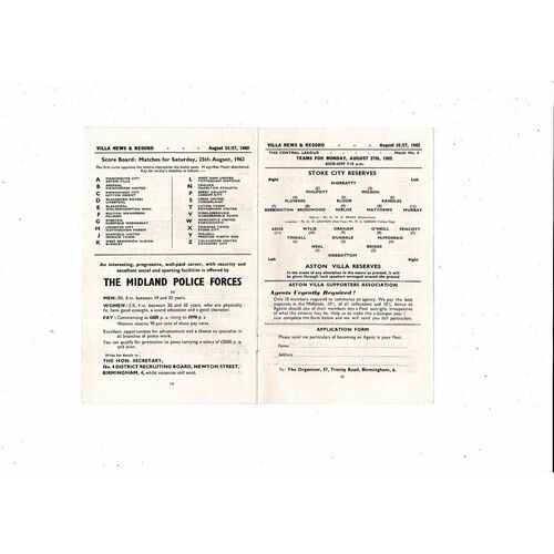Aston Villa v Manchester City & Stoke City Central League Programme 1962/63