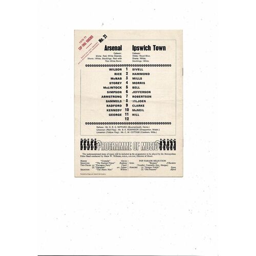 1970/71 Arsenal v Ipswich Town Football Programme
