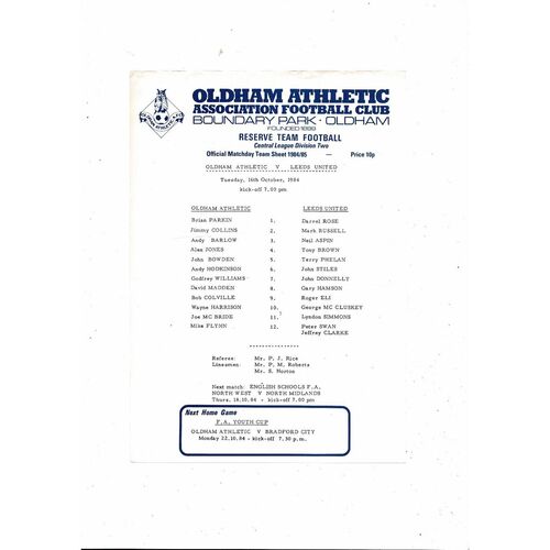Oldham Athletic v Leeds United Central League Football Programme 1984/85