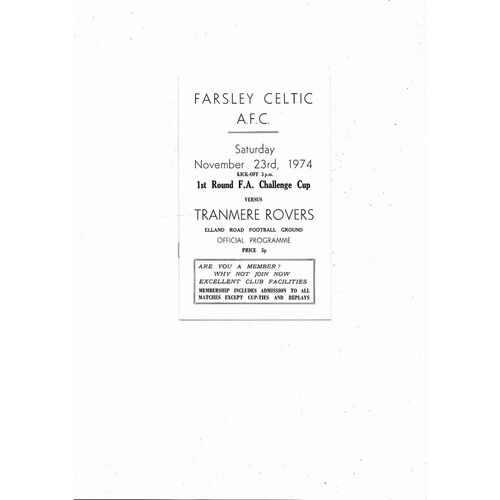Farsley Celtic v Tranmere Rovers FA Cup Football Programme 1974/75