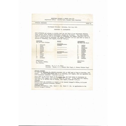 Brentford v Southampton Friendly Football Programme 1971/72