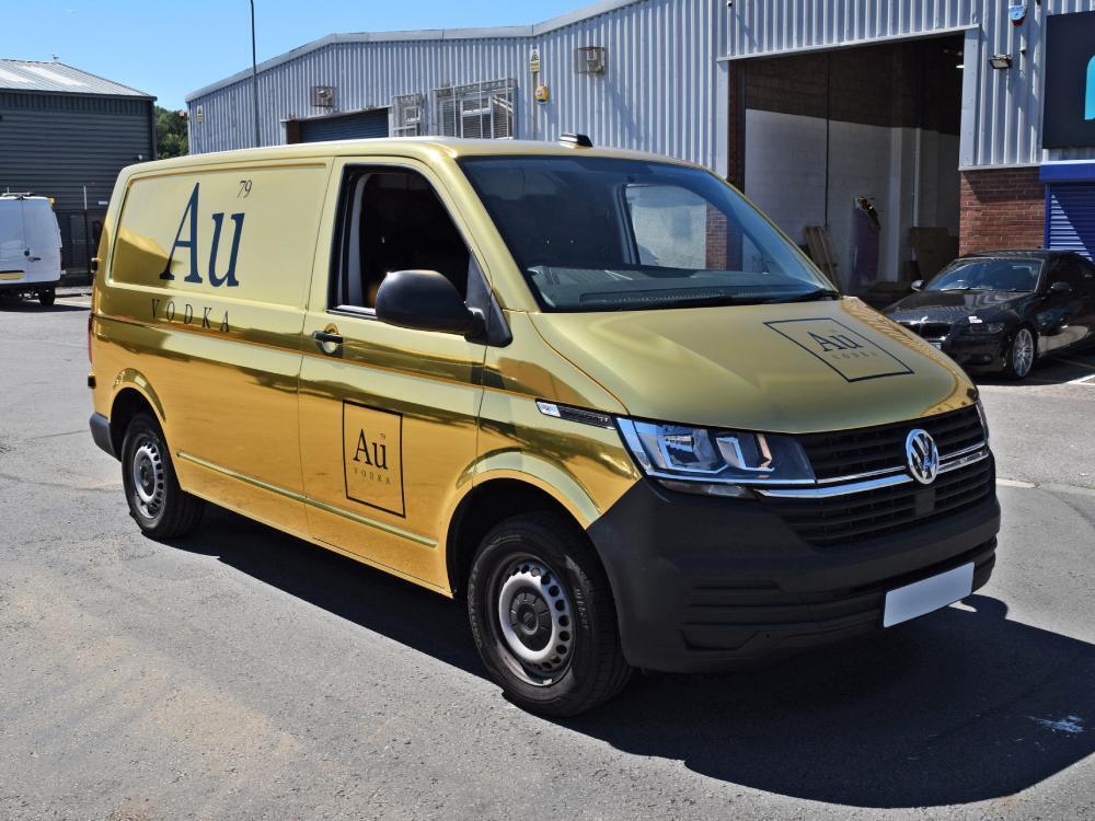 Gold- Au Vodka branded van wrap on Volkswagen Transporter.