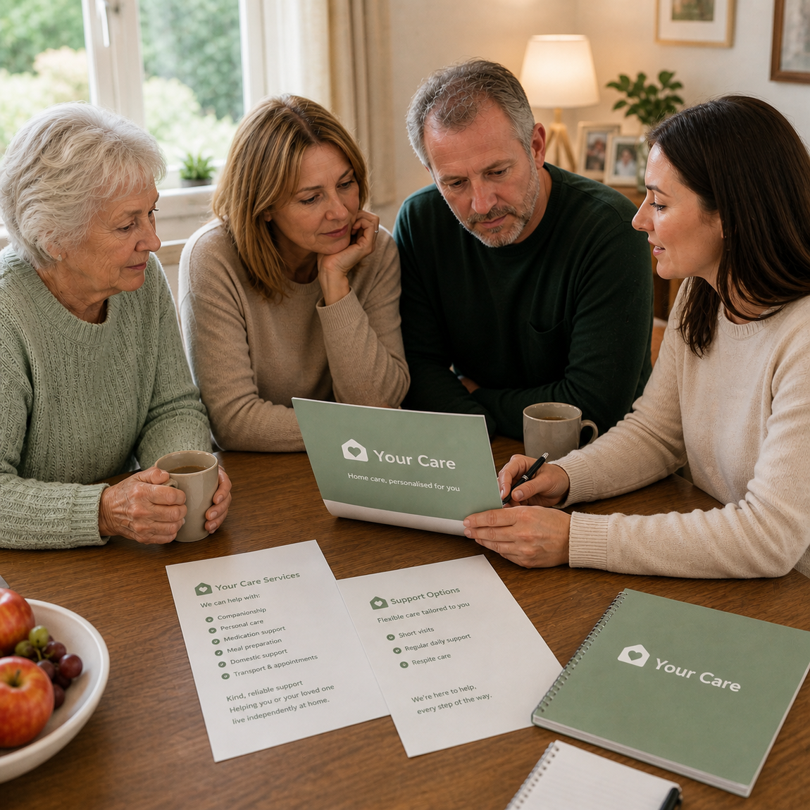 A realistic photograph of an elderly woman and a middle-aged couple sitting at a wooden dining table with a professional advisor. They are thoughtfully reviewing branded "Your Care" documents, including a "Your Care Services" checklist and "Support Options" guide in signature sage green. The scene is captured in warm, natural lighting within a domestic home setting, illustrating a collaborative and reassuring family consultation about home care options in Bristol. 