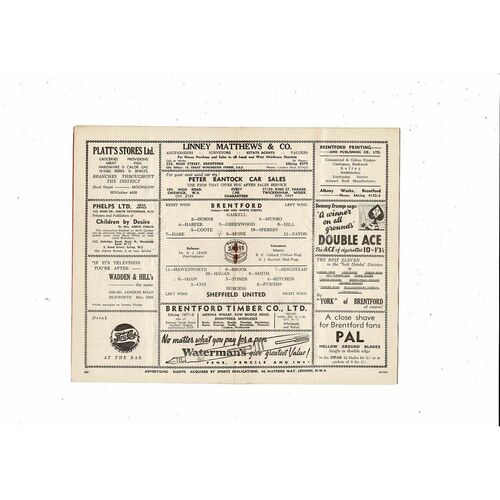 1951/52 Brentford v Sheffield United Football Programme