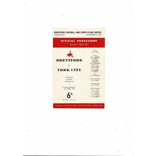 1962/63 Brentford v York City Football Programme