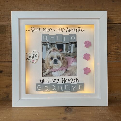 Customised Dog Memorial Photo Frame | LED Pet Memorial Picture Frame | Photo Frame with Scrabble Tiles | Customise a Frame