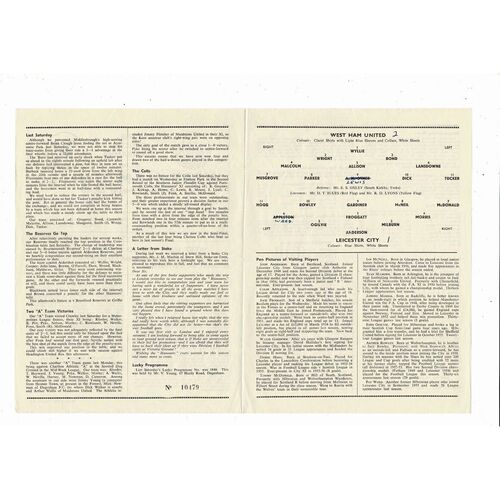 1956/57 West Ham United v Leicester City Football Programme