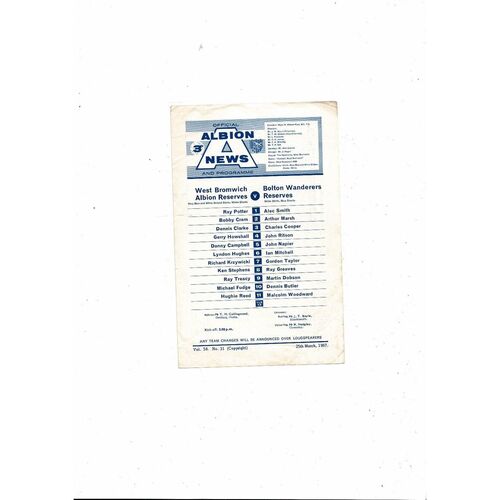 West Bromwich Albion v Bolton Wanderers Central League Football Programme 1966/67